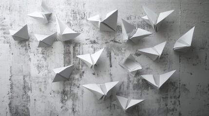 Poster - Origami butterflies arranged on a textured gray wall creating a minimalist artistic background for creative concepts and design.
