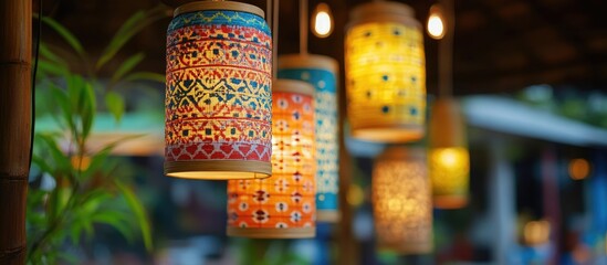 Aufkleber - Colorful hanging bamboo lanterns with intricate patterns perfect for outdoor gatherings and festive celebrations illuminated at dusk