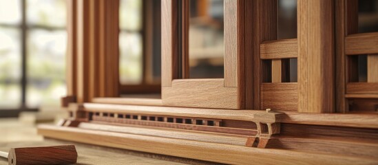 Poster - Wooden window framing construction highlighting expert craftsmanship and intricate design in residential architecture