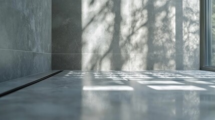 Wall Mural - Luxury Shower Room Floor with Natural Light and Textured Shadows on Gray Tiles