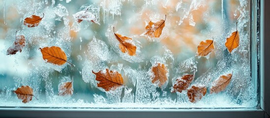 Poster - Frosted window with intricate winter leaves showcasing a warm and inviting atmosphere during the cold season