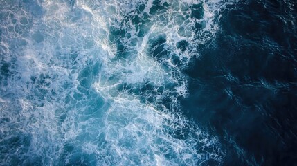Poster - Aerial View of Turquoise Ocean Waves with White Foam and Clear Sky Capturing Natural Water Textures and Movement in Coastal Waters
