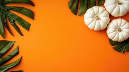 Poster - White pumpkins on vibrant orange background with palm leaves creating a festive and inviting Halloween atmosphere for dark holiday decor.