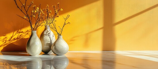Aufkleber - Elegant vases on polished marble floor against bright yellow and orange background perfect for interior design inspiration and decor ideas