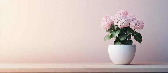 Poster - Minimalistic flower pot with pink blooms on a clean table showcasing simplicity for text integration and design aesthetics