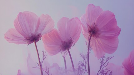 Poster - Delicate pink cosmos flowers blooming in spring against a soft pastel background creating a serene floral atmosphere
