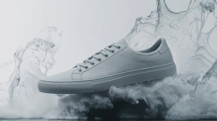 Aufkleber - Minimalist gray sneaker emerging from ethereal smoke with a modern artistic flair and a ghostly ambiance for stylish footwear advertising.