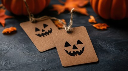 Poster - Halloween themed brown label tags with jack-o-lantern design on dark background surrounded by autumn leaves and pumpkins