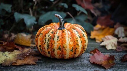 Poster - Colorful Autumn Pumpkin on Wooden Surface Surrounded by Fallen Leaves for Halloween Greeting Card Background