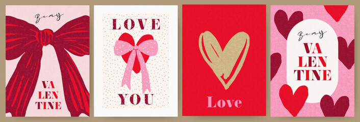 creative concept of happy valentines day cards set. modern abstract art design with hearts, bows and