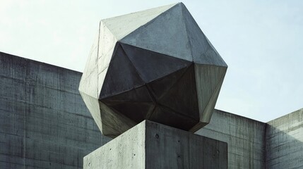 Poster - Concrete Minimalist Geometric Polyhedron Sculpture Against Monochrome Backdrop