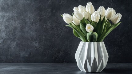 Poster - Elegant white tulips in a contemporary vase on a dark grey background with natural light ideal for sophisticated spring-themed design.