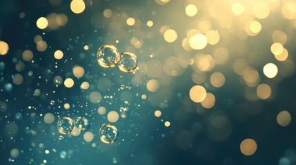 Poster - golden oil bubbles macro on tranquil water surface highlighted by shimmering bokeh light creating a 