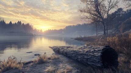 Poster - Serene sunrise over a tranquil river with a scenic walking trail and an old log along the peaceful riverside landscape.