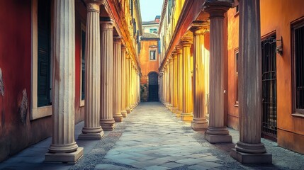 Poster - Antique street featuring classic columns and architectural heritage with warm sunlight illuminating the historic passageway