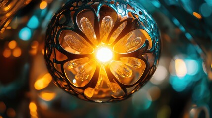 Poster - Brightly illuminated vintage incandescent lamp with intricate design showcasing warm light in macro view