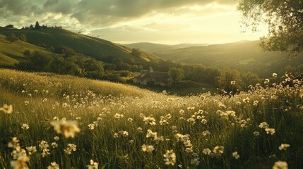 Aufkleber - Serene rural landscape at sunset with rolling hills covered in wildflowers and a warm golden glow illuminating the peaceful scenery