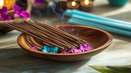 Poster - Incense sticks arranged elegantly in a wooden bowl with colorful petals creating a serene and sacred atmosphere for worship and relaxation.