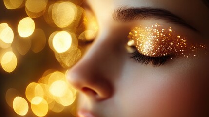 Poster - Golden glitter bokeh effects on beautiful model's face creating a magical and festive atmosphere for celebrations and special occasions
