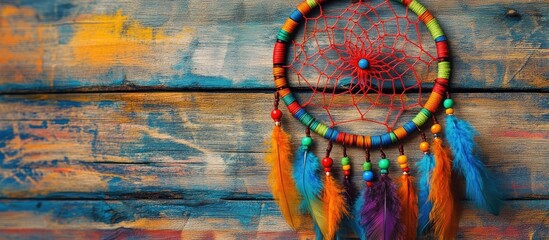 Aufkleber - Vibrant handmade dreamcatcher with colorful beads and feathers on a textured striped craft paper background.