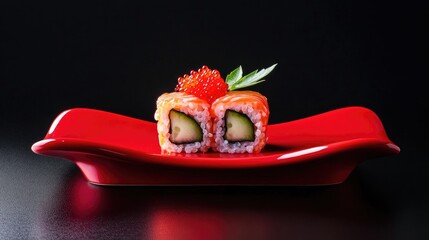 Poster - Gourmet sushi roll on vibrant red plate featuring salmon, cucumber, wasabi, and red caviar against a refined black background.