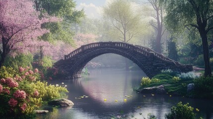 Poster - Serene stone bridge arching over tranquil river in lush park adorned with vibrant flowers and blooming trees amidst nature's beauty.