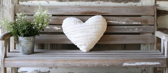 Aufkleber - Heart shaped pillow on rustic wooden bench with potted plant adds charm and warmth to home decor creating a cozy atmosphere