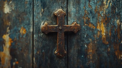 Poster - Rustic wooden door featuring an aged brass knocker with a cross design highlighting vintage textures and beautiful color variations.