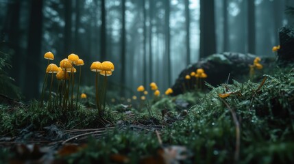 Poster - Springtime Awakening of Yellow Mushrooms in a Misty Forest Setting