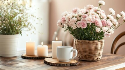 Poster - Cozy home decor mockup with pink flowers in basket candles and coasters on rustic wooden table creating a warm inviting atmosphere