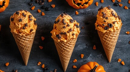 Aufkleber - Halloween Themed Pumpkin Ice Cream Served in Waffle Cones with Candy and Decorative Pumpkins on a Dark Background