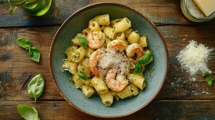 Poster - Delicious homemade pasta with grilled shrimp pesto sauce topped with parmesan cheese and fresh basil in a rustic ceramic bowl on a wooden table