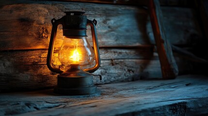 Poster - Vintage oil lantern glowing softly on rustic wooden surface in serene ambiance of old-fashioned decor.
