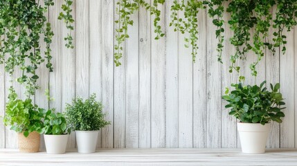 Aufkleber - Stylish Home Decor Featuring Green Plants Against a White Wooden Wall for a Fresh Aesthetic