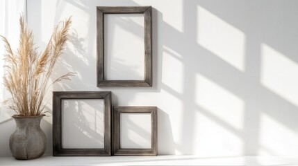 Poster - Rustic Gray Wooden Frame Mockup on White Wall with Natural Light Shadows and Decorative Vase for Copy Space Display