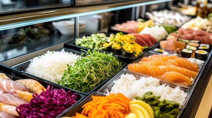 Poster - Sushi conveyor belt display showcasing fresh ingredients like fish rice vegetables and sprouts for dining and takeout experiences