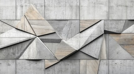 Poster - Geometric gray wall design featuring a mix of textured wood and concrete for modern construction and interior finishing applications