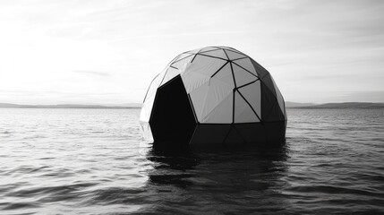 Poster - geometric monochrome dome structure floating on calm water surface