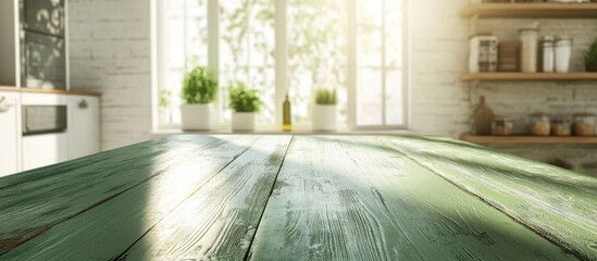 Aufkleber - Sunlit kitchen with a green wooden table and bright white interior creating a warm and inviting atmosphere with natural light and plants