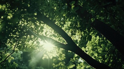 Poster - Sunlight Filtering Through Lush Green Tree Canopy Creating a Beautiful Natural Glow in a Serene Forest Setting