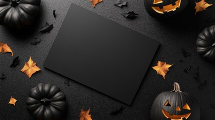 Poster - Halloween Party Invitation Mockup with Black Pumpkins and Seasonal Decor on Dark Background