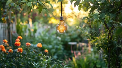 Aufkleber - Incandescent light bulb glowing warmly among vibrant flowers in a serene garden during golden hour evening light