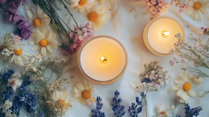 Poster - Aromatherapy Scene with Organic Wax Candles Essential Oils and Dried Flowers for Relaxation and Wellness
