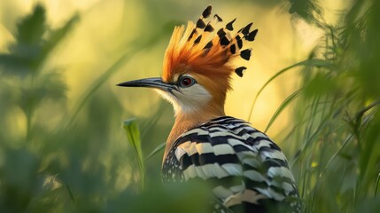 Aufkleber - Eurasian Hoopoe perched in lush grass displaying vibrant plumage against a soft natural background in golden light