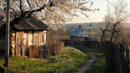 Poster - Springtime rural landscape with charming fences, traditional buildings, and blooming trees under a warm sunset light