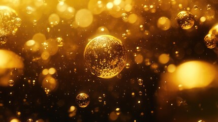 Poster - Golden oil bubbles floating in water with bokeh effect creating an elegant abstract background for visual and design projects