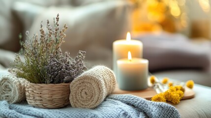 Aufkleber - Cozy Living Room Decor with Candles and Textiles for a Warm Atmosphere