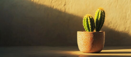 Poster - Elegant green cactus in a textured pot bathed in warm morning light ideal for home decor and plant enthusiasts