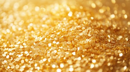 Poster - Golden glitter particles shimmering on a soft blurred background creating a warm and luxurious atmosphere for design and decoration purposes.