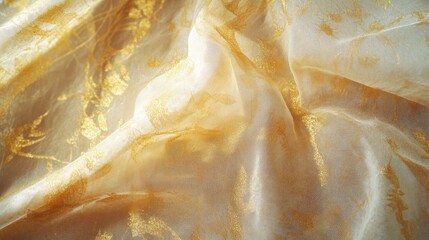 Poster - Elegant golden reflection fabric background with intricate floral patterns in a soft, flowing texture for creative design purposes.